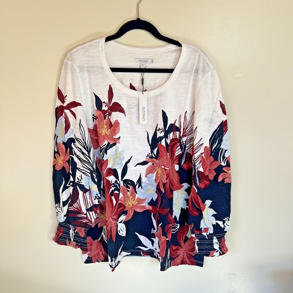 Chico’s Cotton Slub Tee Size 4 (22/24) Multicolor Floral Pattern 3/4 Sleeve NWT